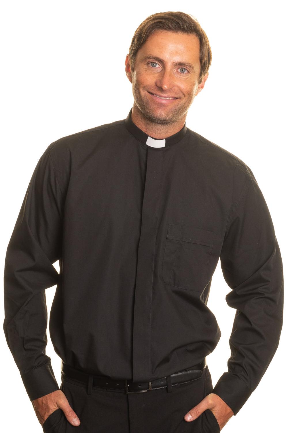 Men’s 1.25in tunnel collar long sleeve clerical shirt - Black