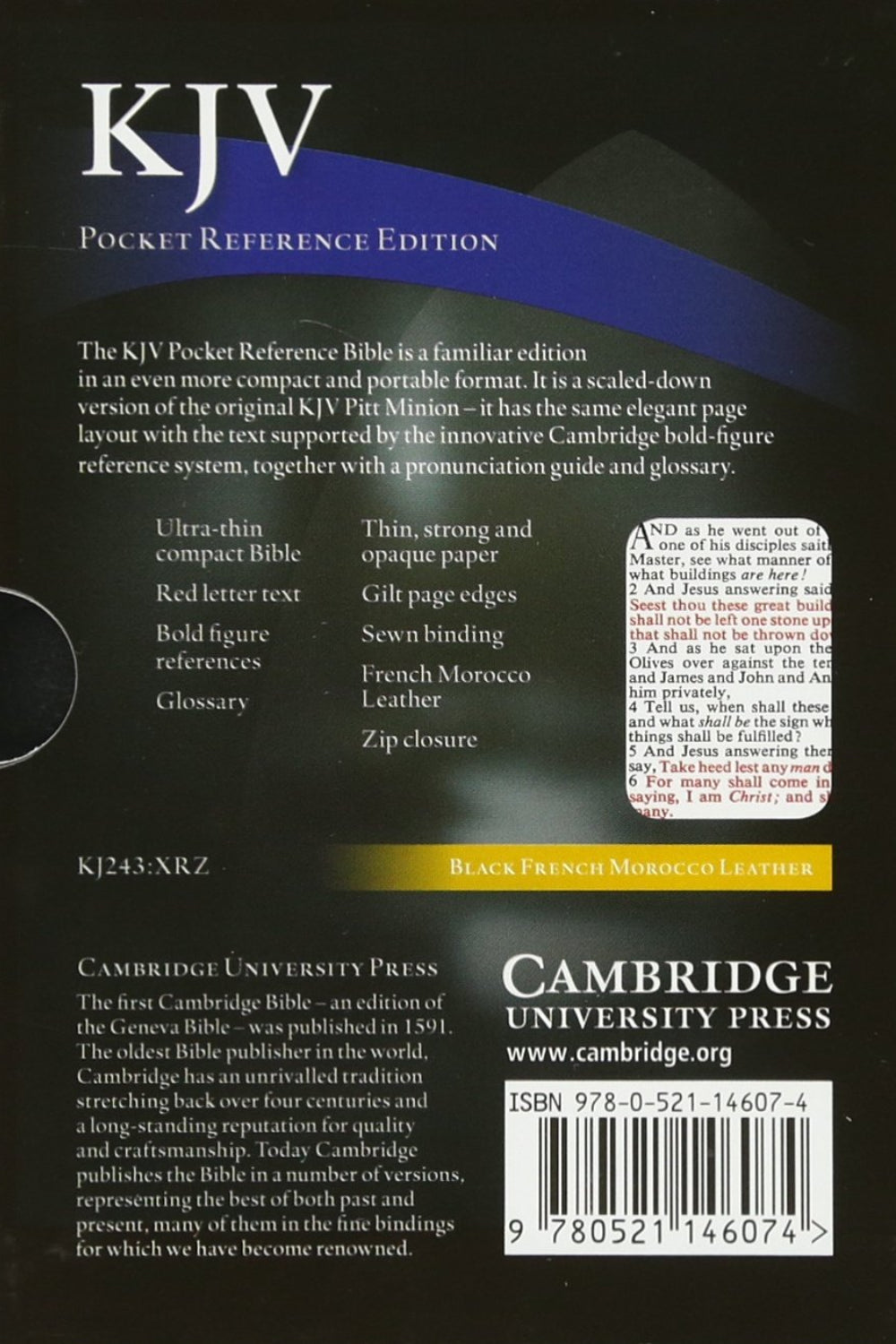 KJV Pocket Reference Bible, Black French Morocco Leather with Zip Fastener, Red-letter Text, KJ243:XRZ Black French Morocco Leather, with Zip Fastener